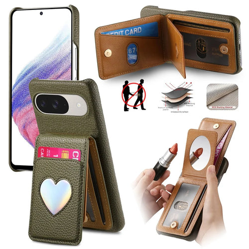 Case with Mirror Card Holder For Google Pixel 10 Pro  /  10  /  9 Pro  /  9 RFID Blocking Litchi Texture PU PC Phone Back Cover - Midnight Green - 1