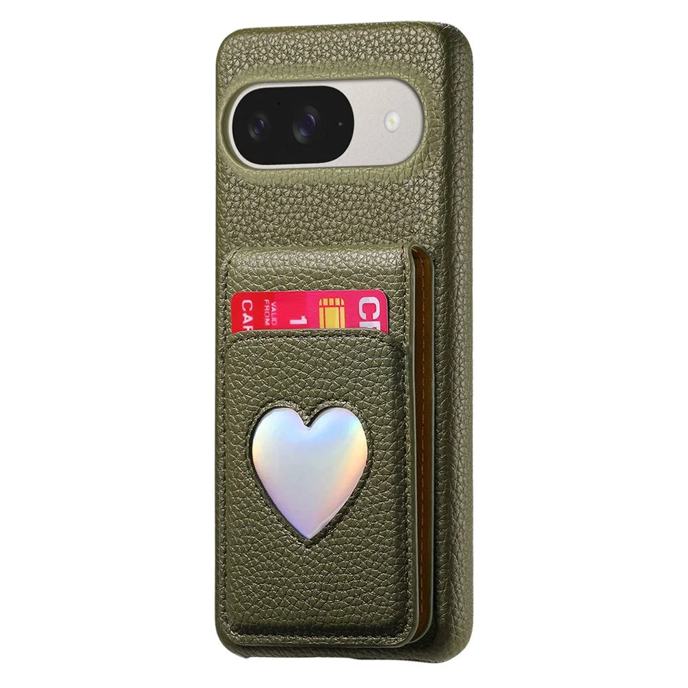 Case with Mirror Card Holder For Google Pixel 10 Pro  /  10  /  9 Pro  /  9 RFID Blocking Litchi Texture PU PC Phone Back Cover - Midnight Green - 2