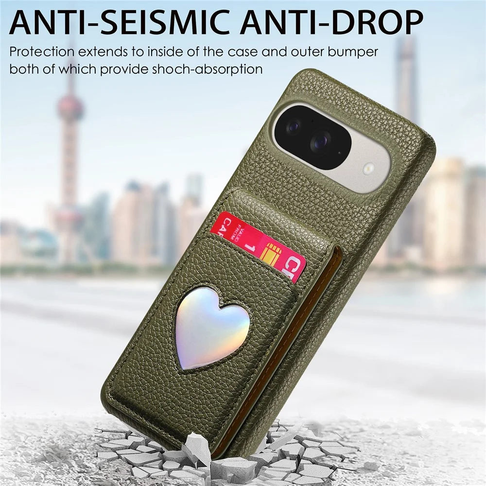 Case with Mirror Card Holder For Google Pixel 10 Pro  /  10  /  9 Pro  /  9 RFID Blocking Litchi Texture PU PC Phone Back Cover - Midnight Green - 5