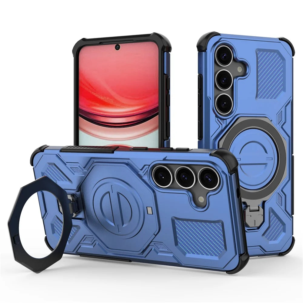 For Samsung Galaxy S25 Magnetic Case Rotating Metal Kickstand PC + TPU Phone Back Cover - Dark Blue - 1