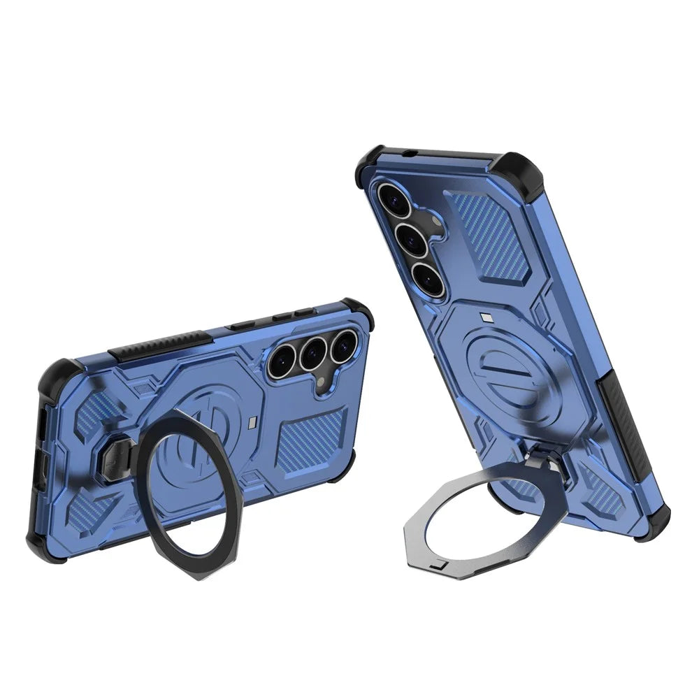 For Samsung Galaxy S25 Magnetic Case Rotating Metal Kickstand PC + TPU Phone Back Cover - Dark Blue - 2