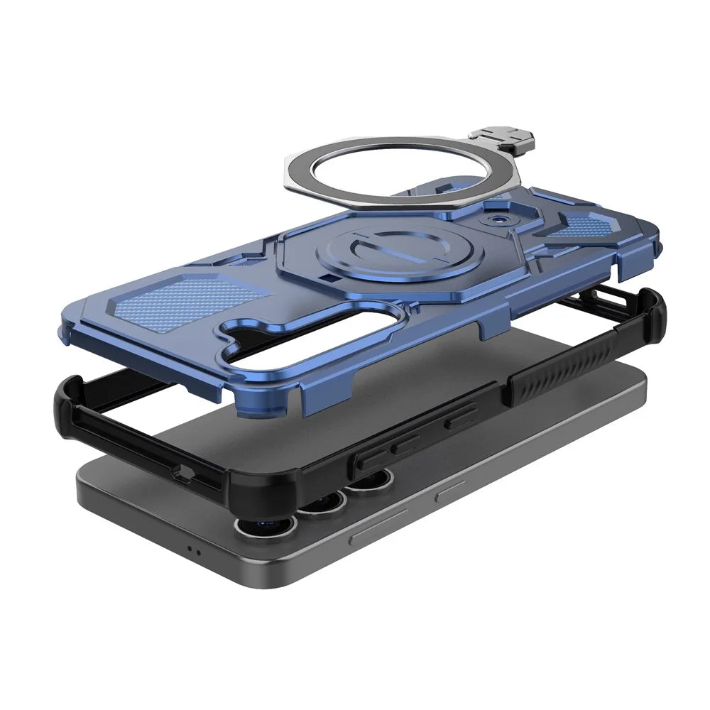 For Samsung Galaxy S25 Magnetic Case Rotating Metal Kickstand PC + TPU Phone Back Cover - Dark Blue - 3