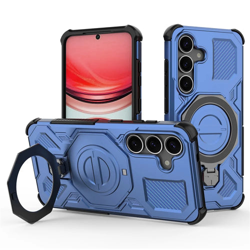 For Samsung Galaxy S25+ Magnetic Case Rotating Metal Kickstand PC + TPU Phone Back Cover - Dark Blue - 1