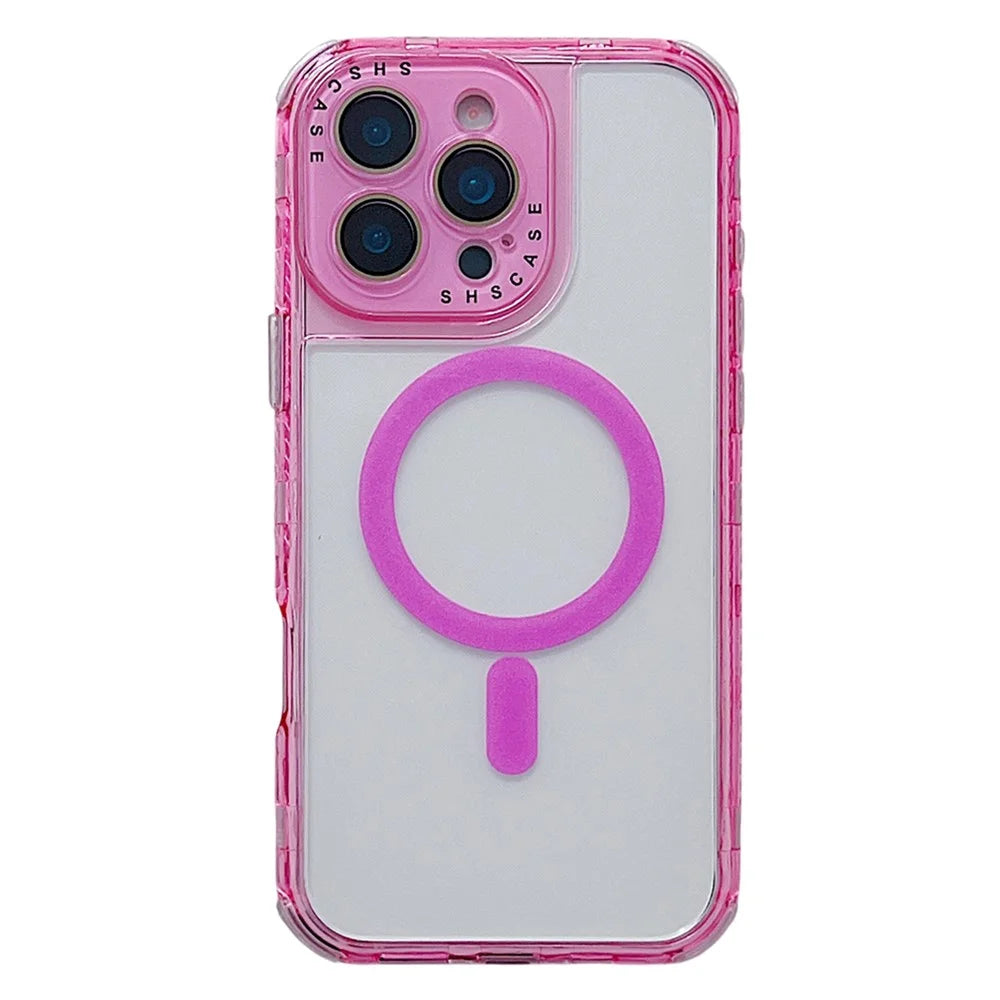 For iPhone 16 Pro Max Magnetic Case Clear Colorful Frame TPU + PC Phone Back Cover with Lens Film - Pink - 1