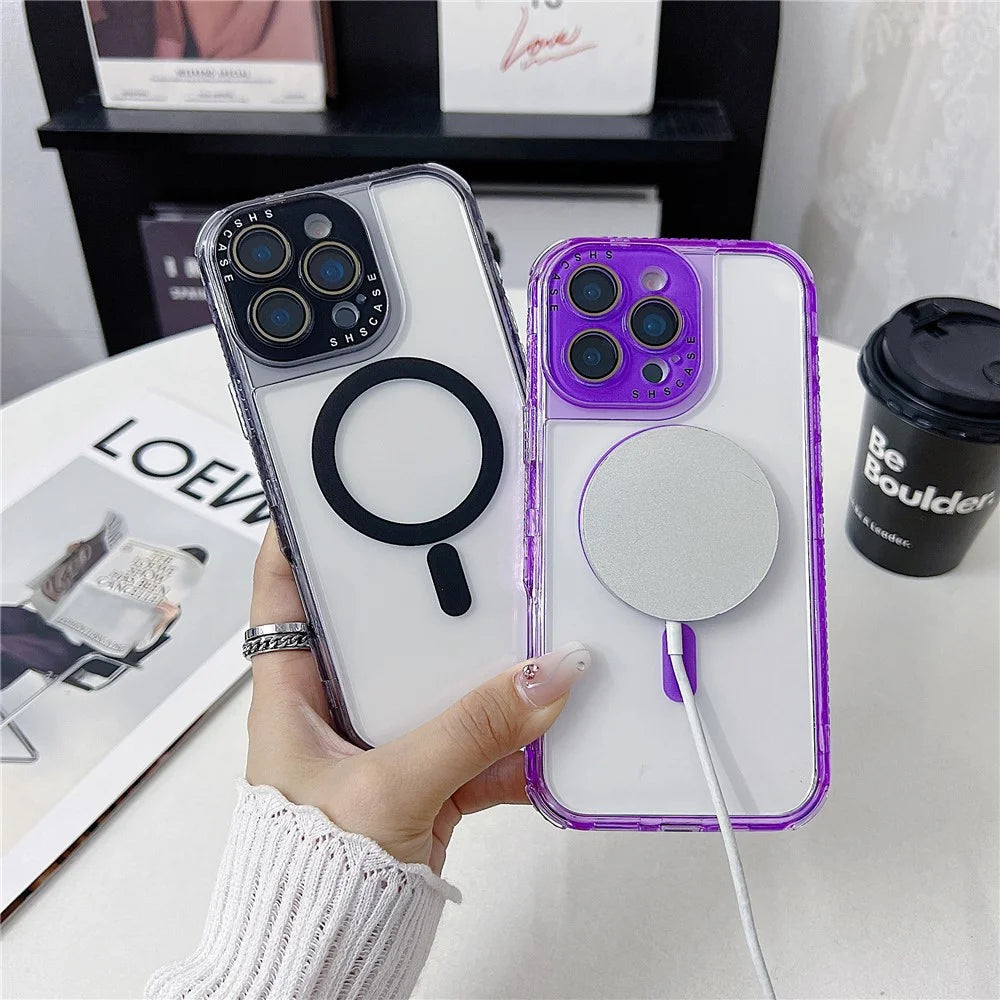 For iPhone 16 Pro Magnetic Case Clear Colorful Frame TPU + PC Phone Back Cover with Lens Film - Pink - 6