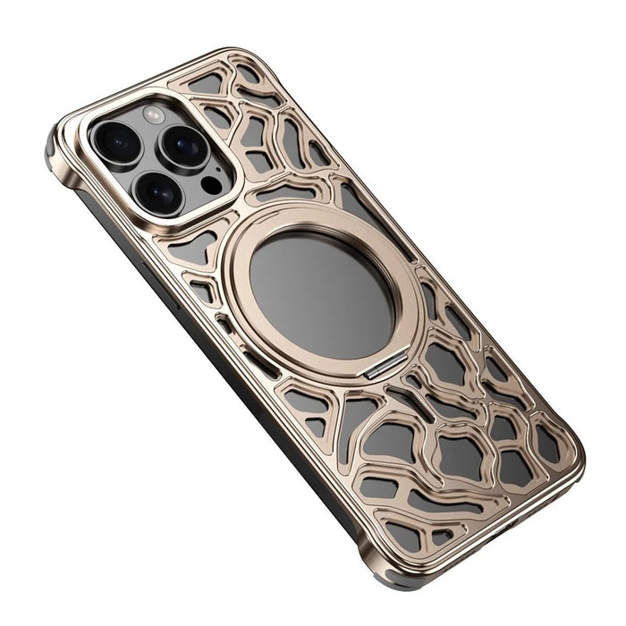 For iPhone 15 Pro Bumper Case Alloy Metal Borderless Back Cover with Magnetic Kickstand - Desert Gold - 1
