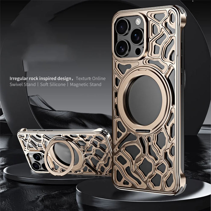 For iPhone 15 Pro Bumper Case Alloy Metal Borderless Back Cover with Magnetic Kickstand - Desert Gold - 2