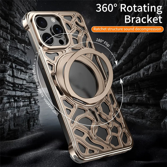 For iPhone 15 Pro Bumper Case Alloy Metal Borderless Back Cover with Magnetic Kickstand - Desert Gold - 4