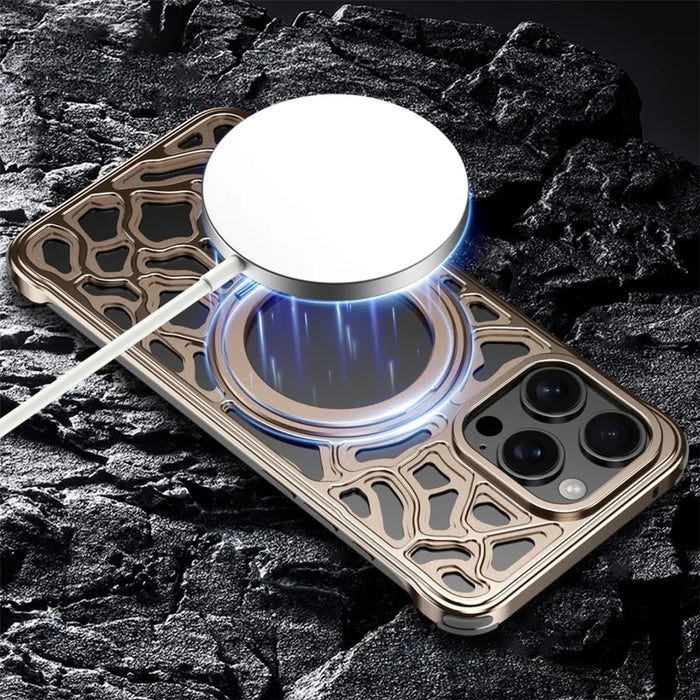 For iPhone 15 Pro Bumper Case Alloy Metal Borderless Back Cover with Magnetic Kickstand - Desert Gold - 7