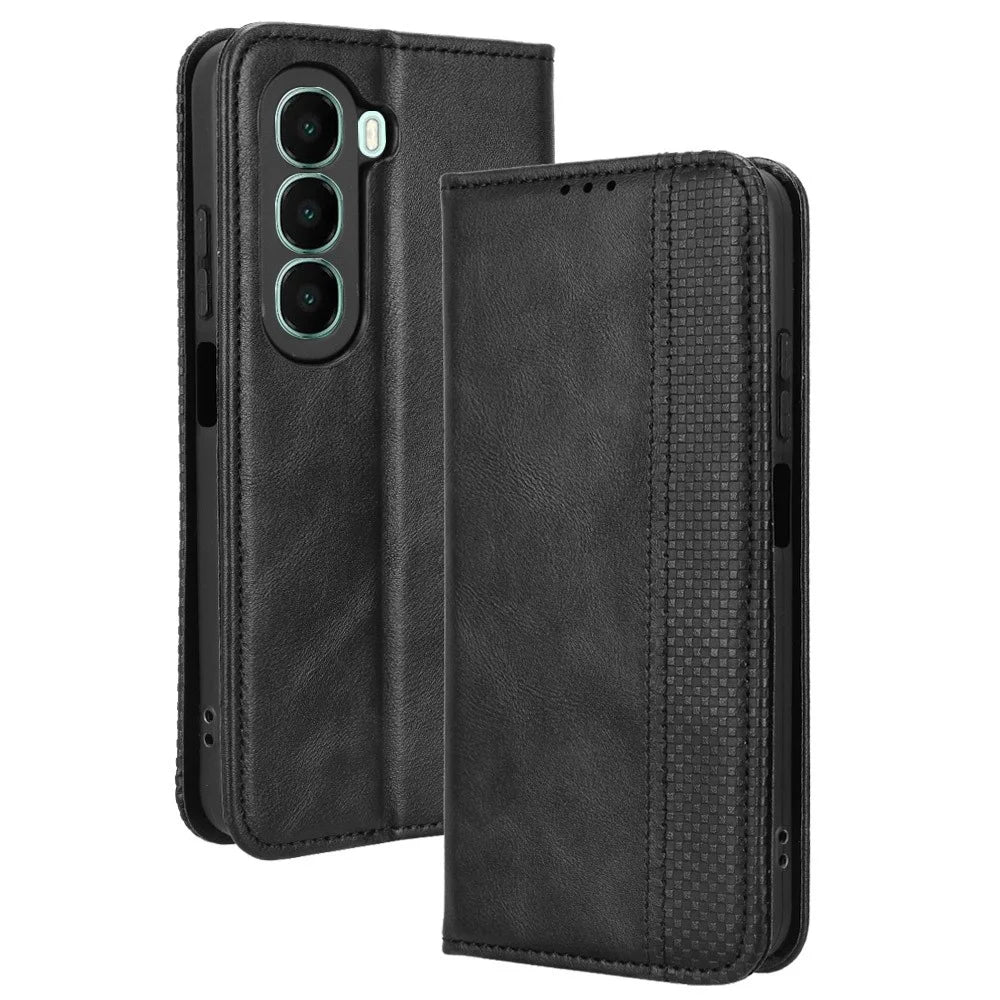 For itel A95 5G Leather Case Wallet Stand Retro Texture Phone Cover - Black - 1
