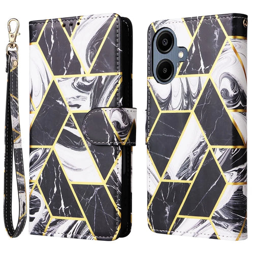 Phone Case For Samsung Galaxy A08 5G / A08 4G / A07 4G / A06 4G / A06 5G Lacquered Marble Pattern Leather Cover with Wrist Strap - Black - 1