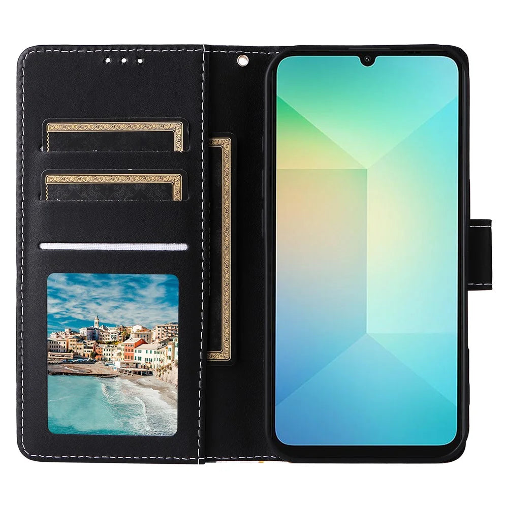 Phone Case For Samsung Galaxy A08 5G / A08 4G / A07 4G / A06 4G / A06 5G Lacquered Marble Pattern Leather Cover with Wrist Strap - Black - 2