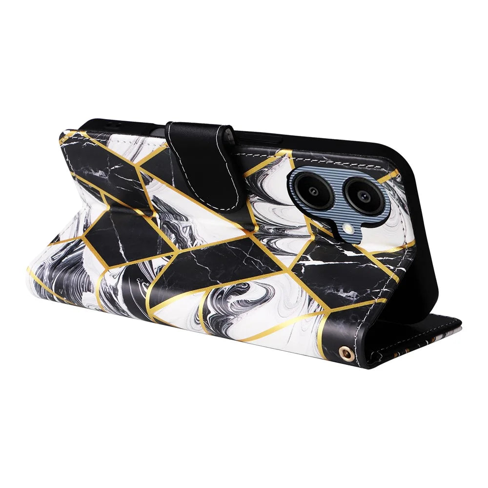 Phone Case For Samsung Galaxy A08 5G / A08 4G / A07 4G / A06 4G / A06 5G Lacquered Marble Pattern Leather Cover with Wrist Strap - Black - 4