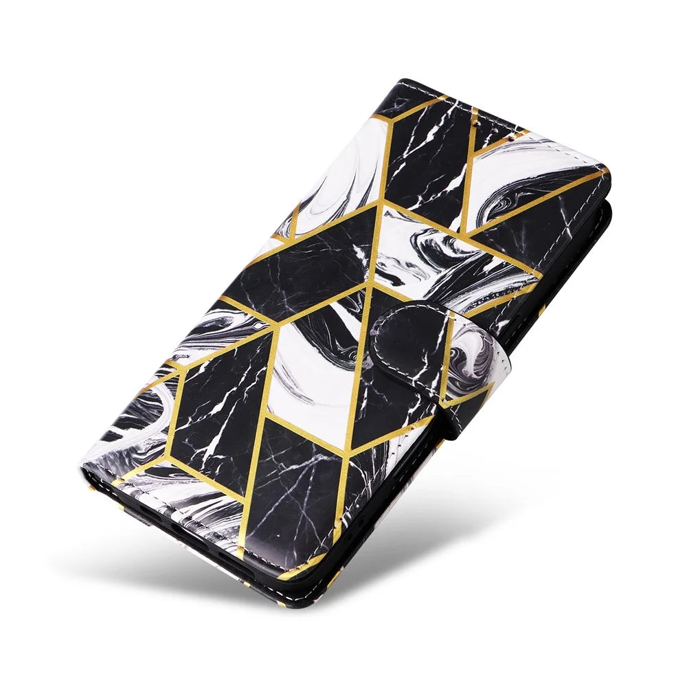Phone Case For Samsung Galaxy A08 5G / A08 4G / A07 4G / A06 4G / A06 5G Lacquered Marble Pattern Leather Cover with Wrist Strap - Black - 5