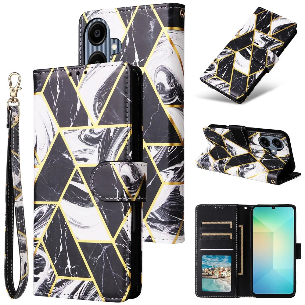 Phone Case For Samsung Galaxy A08 5G / A08 4G / A07 4G / A06 4G / A06 5G Lacquered Marble Pattern Leather Cover with Wrist Strap - Black - 6