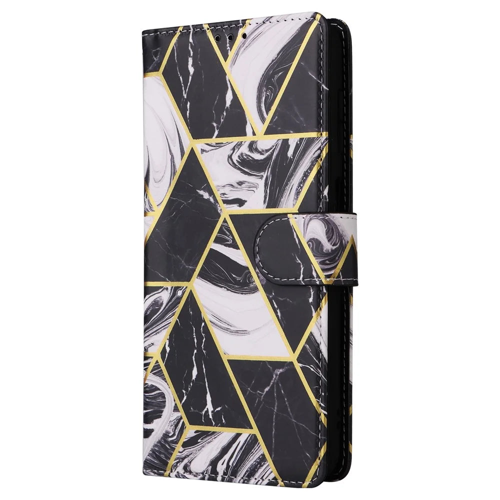 Phone Case For Samsung Galaxy A08 5G / A08 4G / A07 4G / A06 4G / A06 5G Lacquered Marble Pattern Leather Cover with Wrist Strap - Black - 7
