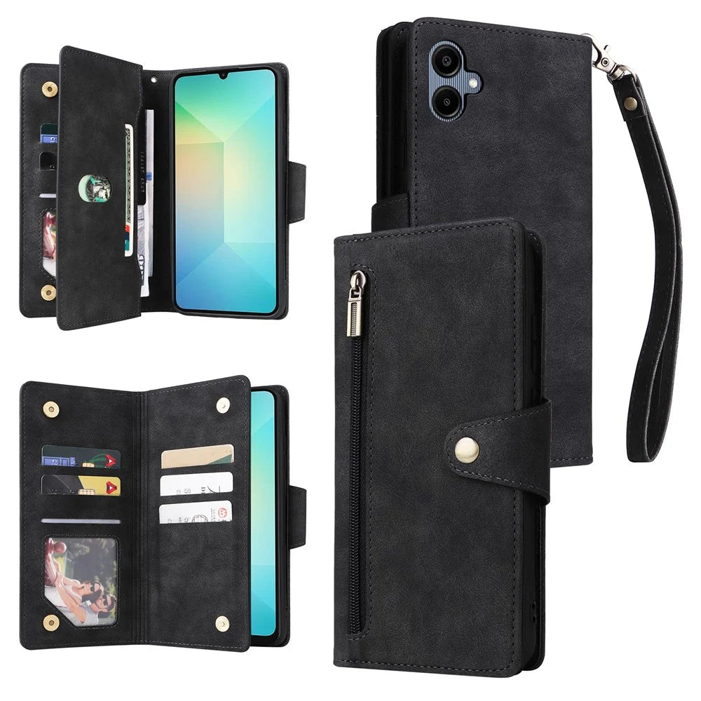 Phone Case For Samsung Galaxy A08 5G / A08 4G / A07 4G / A06 4G / A06 5G Zipper Wallet Rivet Decor Leather Cover with Wrist Strap - Black - 1