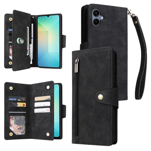 Phone Case For Samsung Galaxy A08 5G / A08 4G / A07 4G / A06 4G / A06 5G Zipper Wallet Rivet Decor Leather Cover with Wrist Strap - Black - 1