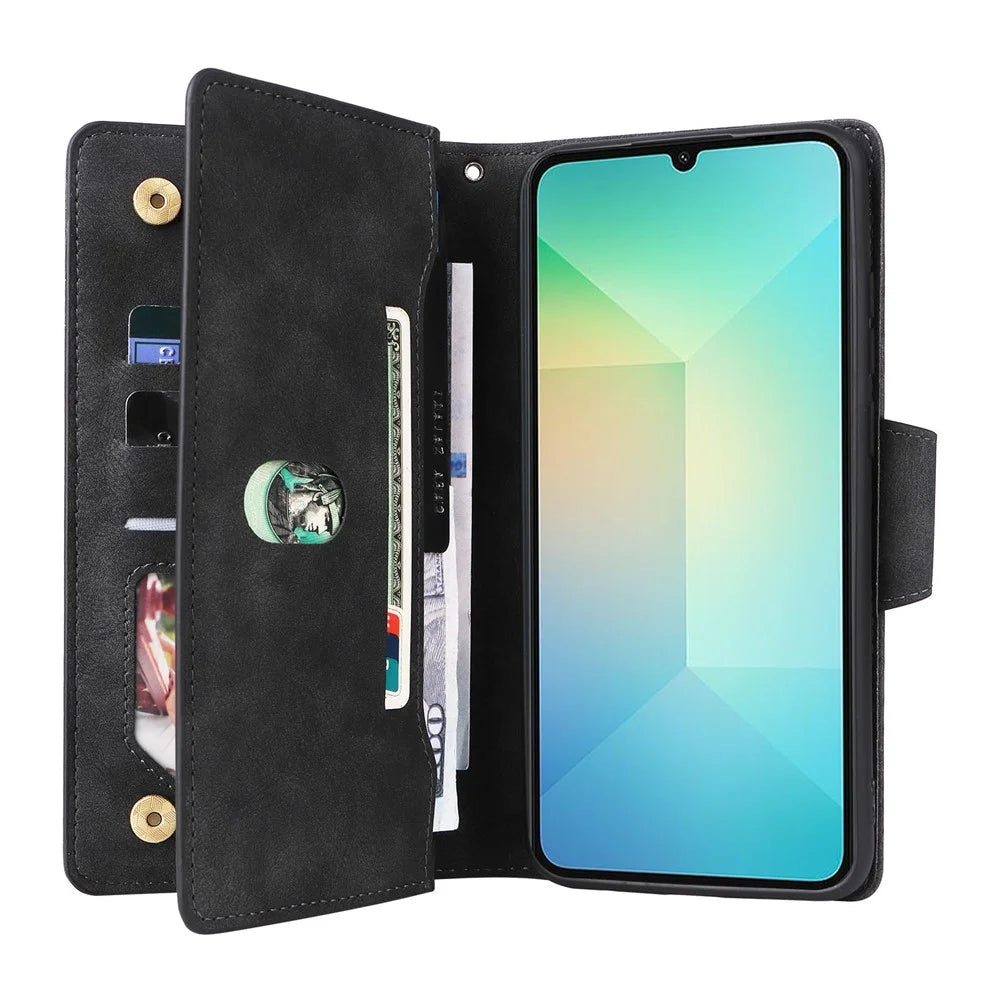 Phone Case For Samsung Galaxy A08 5G / A08 4G / A07 4G / A06 4G / A06 5G Zipper Wallet Rivet Decor Leather Cover with Wrist Strap - Black - 3
