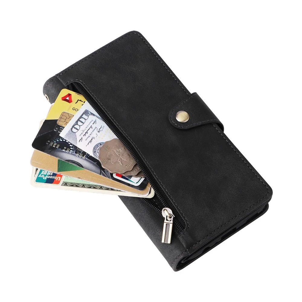 Phone Case For Samsung Galaxy A08 5G / A08 4G / A07 4G / A06 4G / A06 5G Zipper Wallet Rivet Decor Leather Cover with Wrist Strap - Black - 6