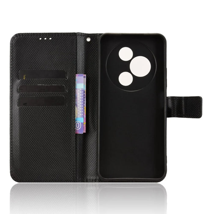 For TCL 605 4G / 60 SE Leather Wallet Case with Strap Diamond Texture Phone Cover - Black - 4