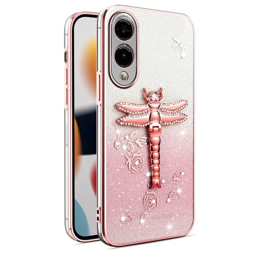 KADEM For Samsung Galaxy S25 Edge Case Dragonfly Kickstand TPU Flowers Glitter Phone Cover - Pink - 1