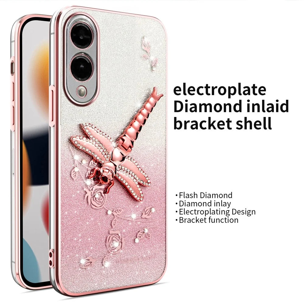 KADEM For Samsung Galaxy S25 Edge Case Dragonfly Kickstand TPU Flowers Glitter Phone Cover - Pink - 2