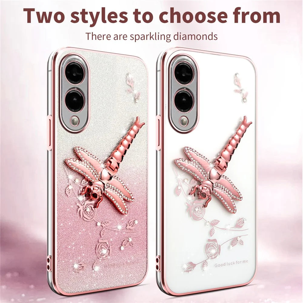 KADEM For Samsung Galaxy S25 Edge Case Dragonfly Kickstand TPU Flowers Glitter Phone Cover - Pink - 3