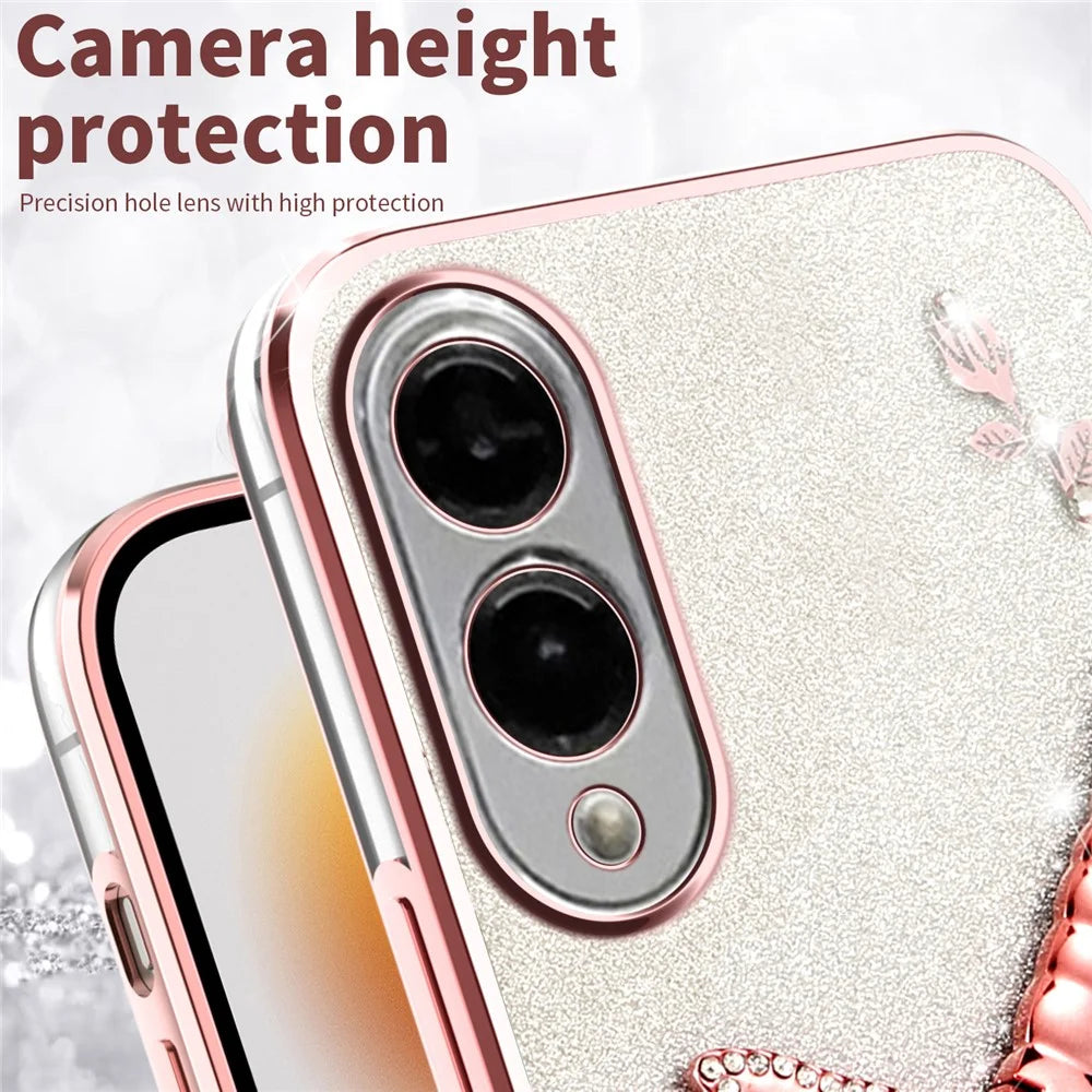 KADEM For Samsung Galaxy S25 Edge Case Dragonfly Kickstand TPU Flowers Glitter Phone Cover - Pink - 4