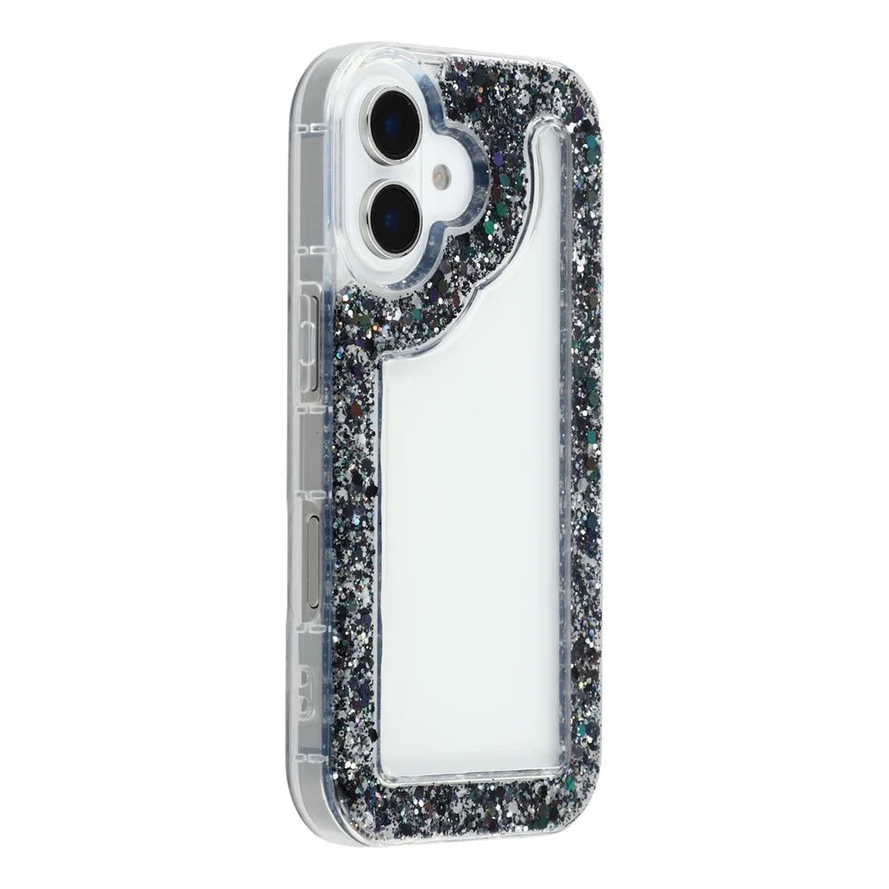 For iPhone 16 Case Glitter Epoxy Soft TPU Clear Back Cover - Black - 1