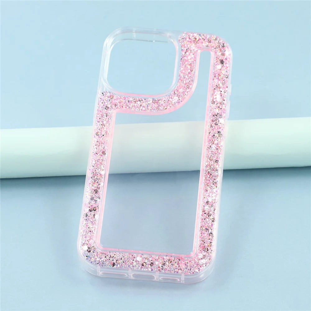For iPhone 16 Pro Case Glitter Epoxy Soft TPU Clear Back Cover - Pink - 6