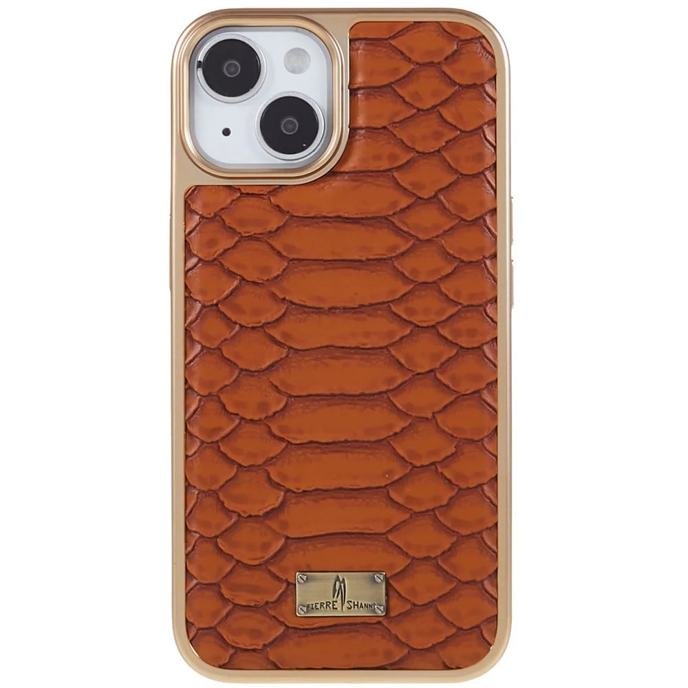 FIERRE SHANN For iPhone 14 Python Texture PU Leather Coated TPU Phone Back Case Electroplated Anti-fall Anti-scratch Cover - Brown - 2