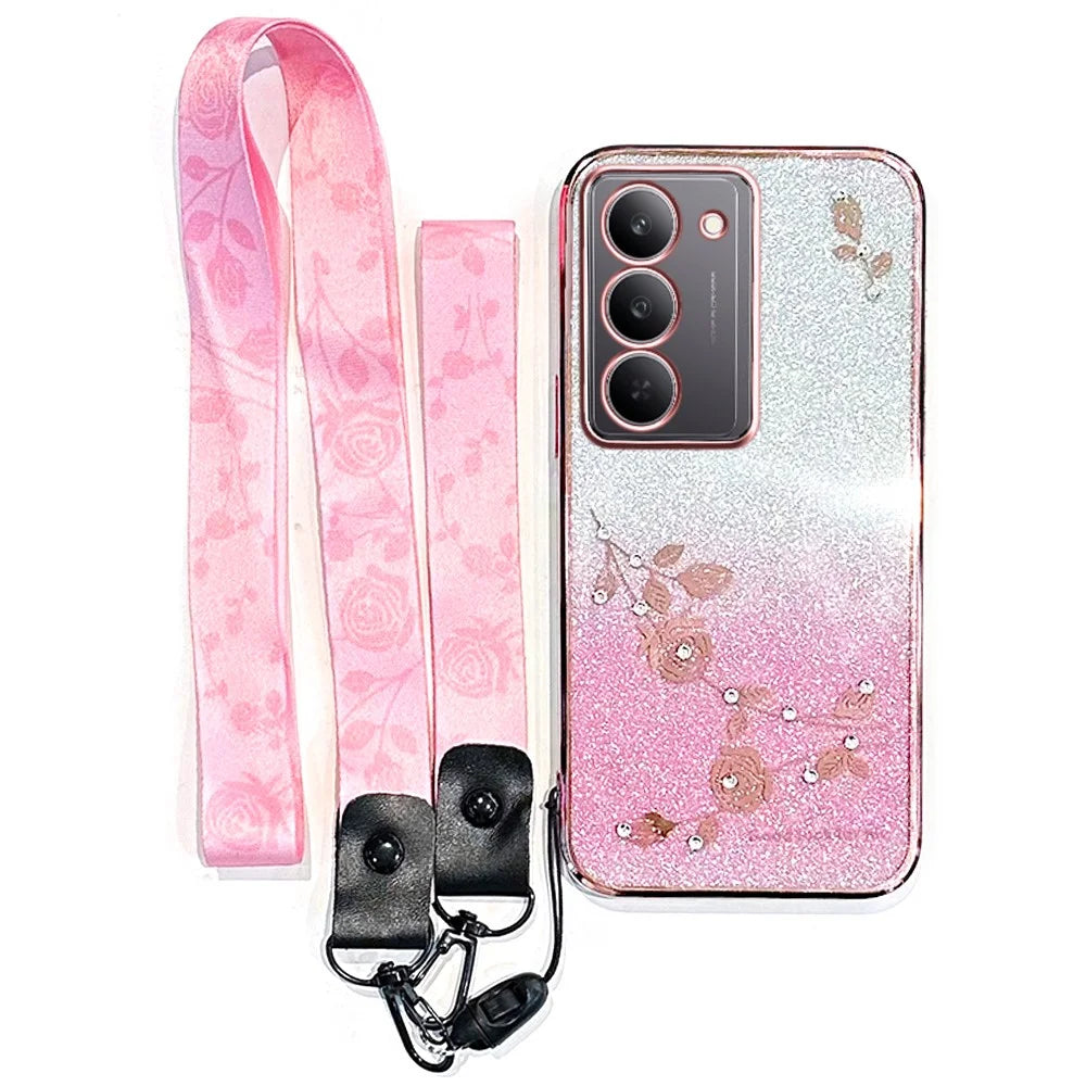 KADEM For Realme 14x 5G Case Flower Pattern TPU Gradient Phone Cover with Lanyards - Rose Gold - 1