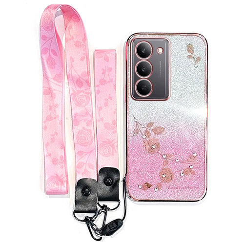 KADEM For Realme 14x 5G Case Flower Pattern TPU Gradient Phone Cover with Lanyards - Rose Gold - 1