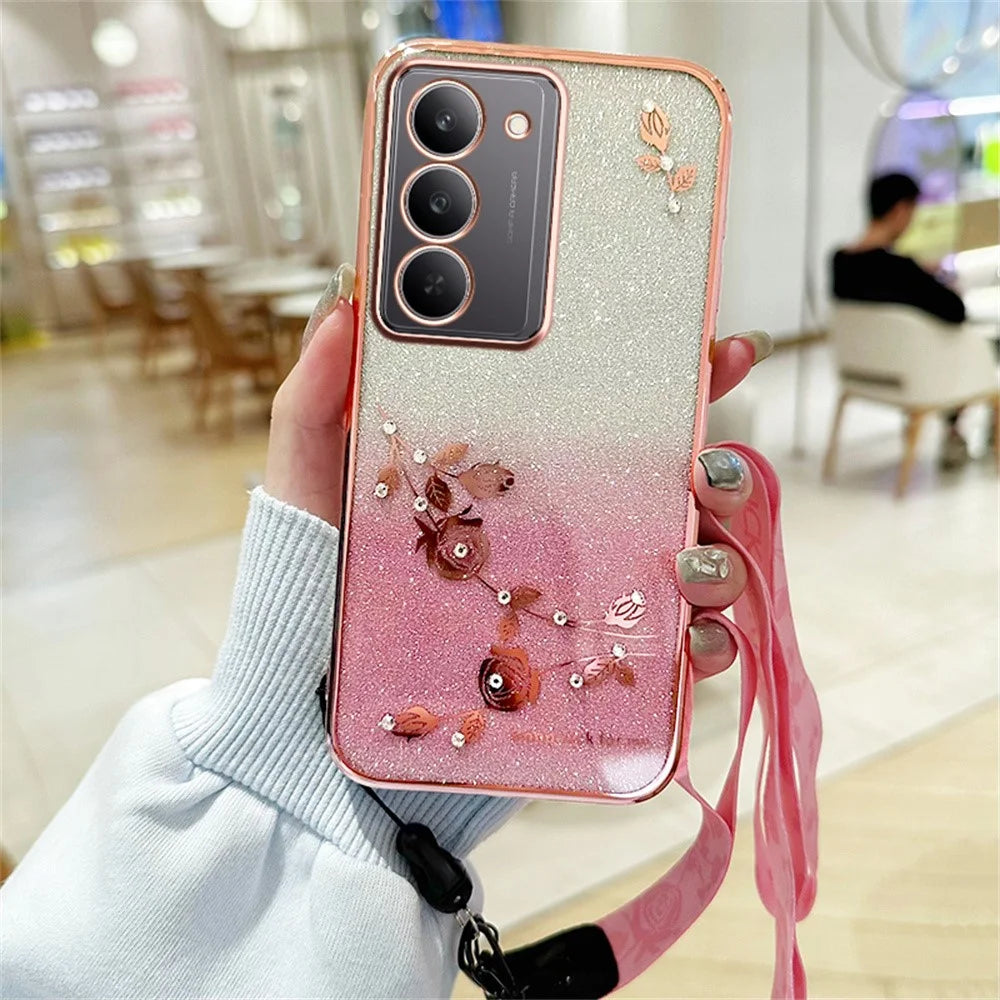 KADEM For Realme 14x 5G Case Flower Pattern TPU Gradient Phone Cover with Lanyards - Rose Gold - 2