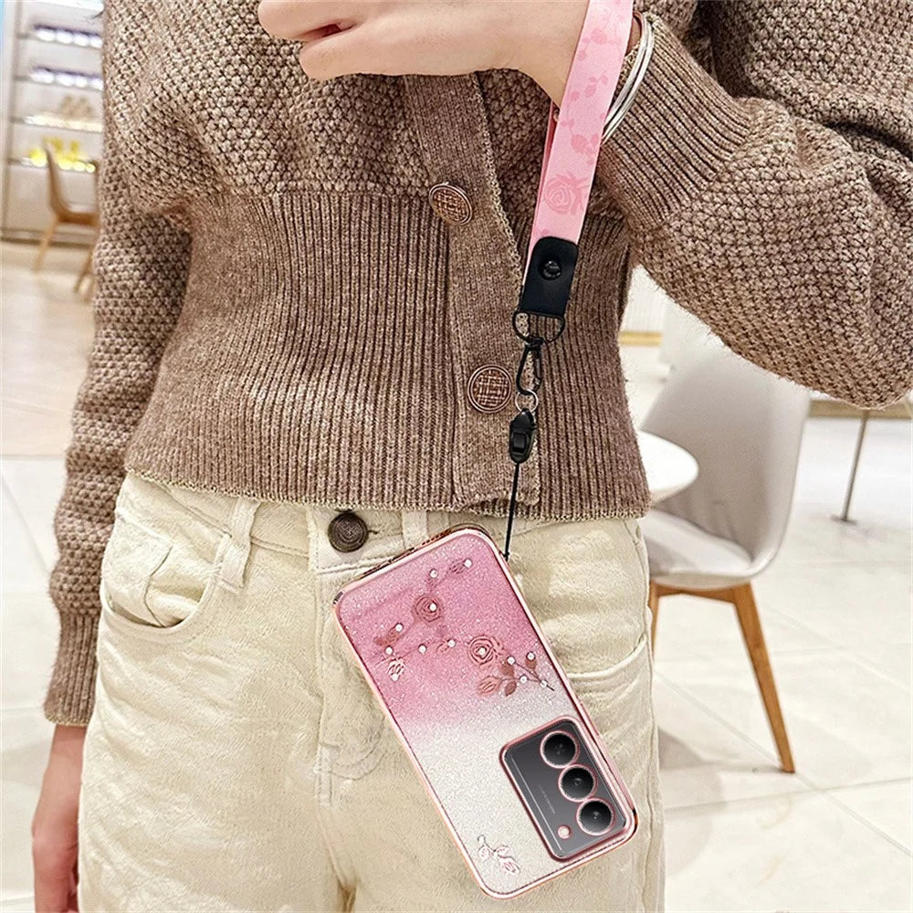 KADEM For Realme 14x 5G Case Flower Pattern TPU Gradient Phone Cover with Lanyards - Rose Gold - 3