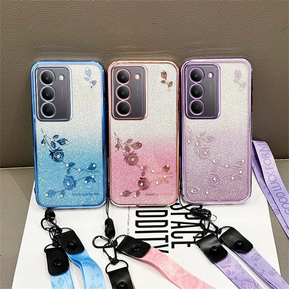 KADEM For Realme 14x 5G Case Flower Pattern TPU Gradient Phone Cover with Lanyards - Rose Gold - 6