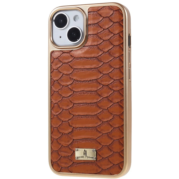 FIERRE SHANN For iPhone 14 Plus Stylish Python Texture PU Leather Coated TPU Protective Case Electroplated Drop-proof Back Cover - Brown - 3