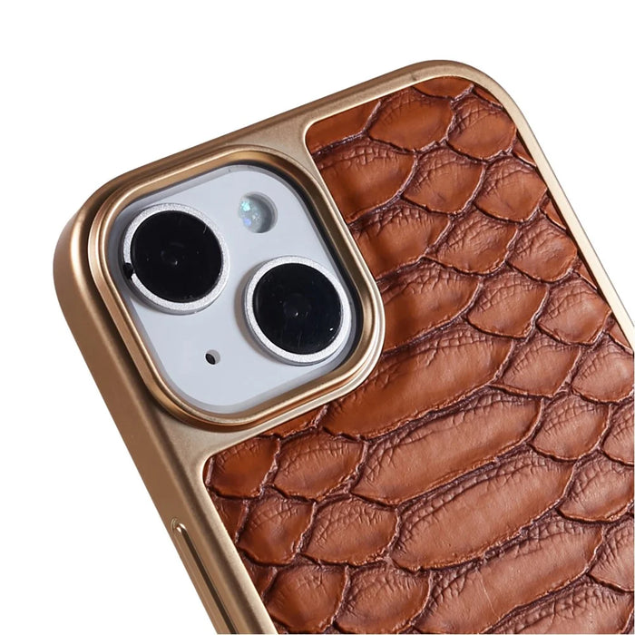 FIERRE SHANN For iPhone 14 Plus Stylish Python Texture PU Leather Coated TPU Protective Case Electroplated Drop-proof Back Cover - Brown - 5