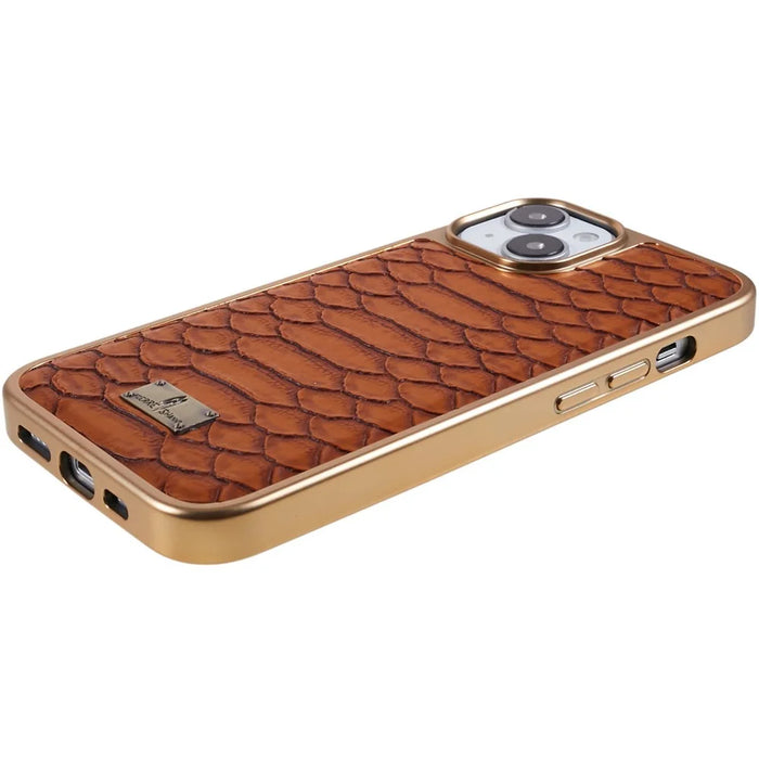 FIERRE SHANN For iPhone 14 Plus Stylish Python Texture PU Leather Coated TPU Protective Case Electroplated Drop-proof Back Cover - Brown - 6