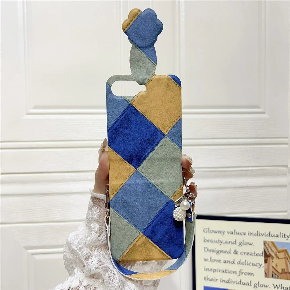 For Samsung Galaxy Z Flip5 5G Case Retro Rhombus Cat Claw Clasp PU + PC Phone Cover with Strap - Blue  /  Yellow - 2