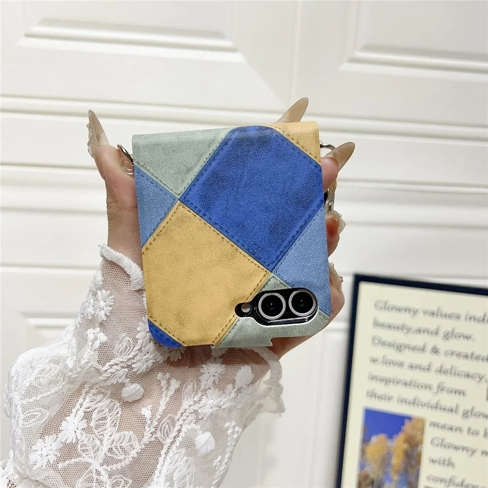 For Samsung Galaxy Z Flip5 5G Case Retro Rhombus Cat Claw Clasp PU + PC Phone Cover with Strap - Blue  /  Yellow - 3