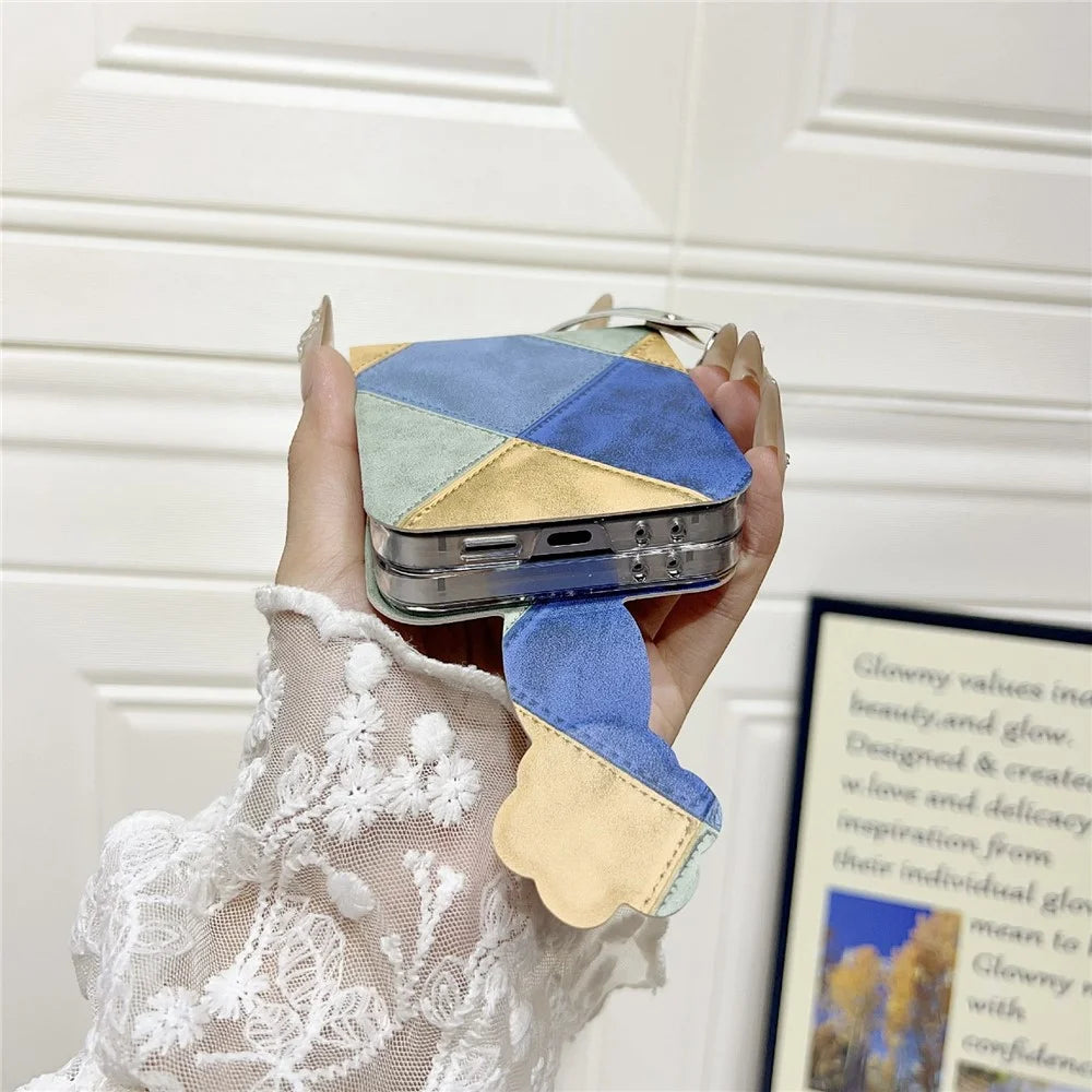 For Samsung Galaxy Z Flip5 5G Case Retro Rhombus Cat Claw Clasp PU + PC Phone Cover with Strap - Blue  /  Yellow - 4