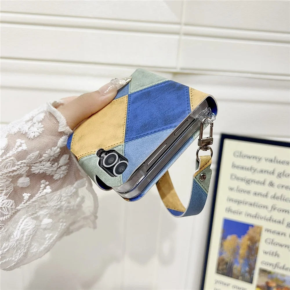 For Samsung Galaxy Z Flip5 5G Case Retro Rhombus Cat Claw Clasp PU + PC Phone Cover with Strap - Blue  /  Yellow - 5