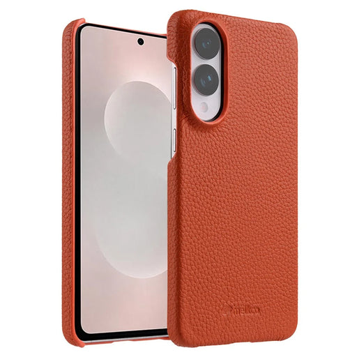 MELKCO For Samsung Galaxy S25 Edge Case Incomplete Edge Genuine Cow Leather Coated PC Cover - Orange - 1