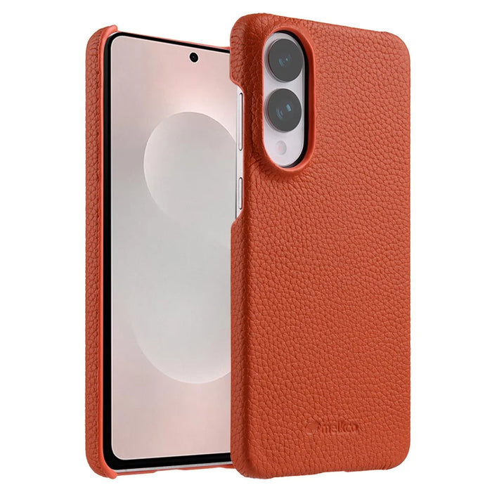 MELKCO For Samsung Galaxy S25 Edge Case Incomplete Edge Genuine Cow Leather Coated PC Cover - Orange - 1