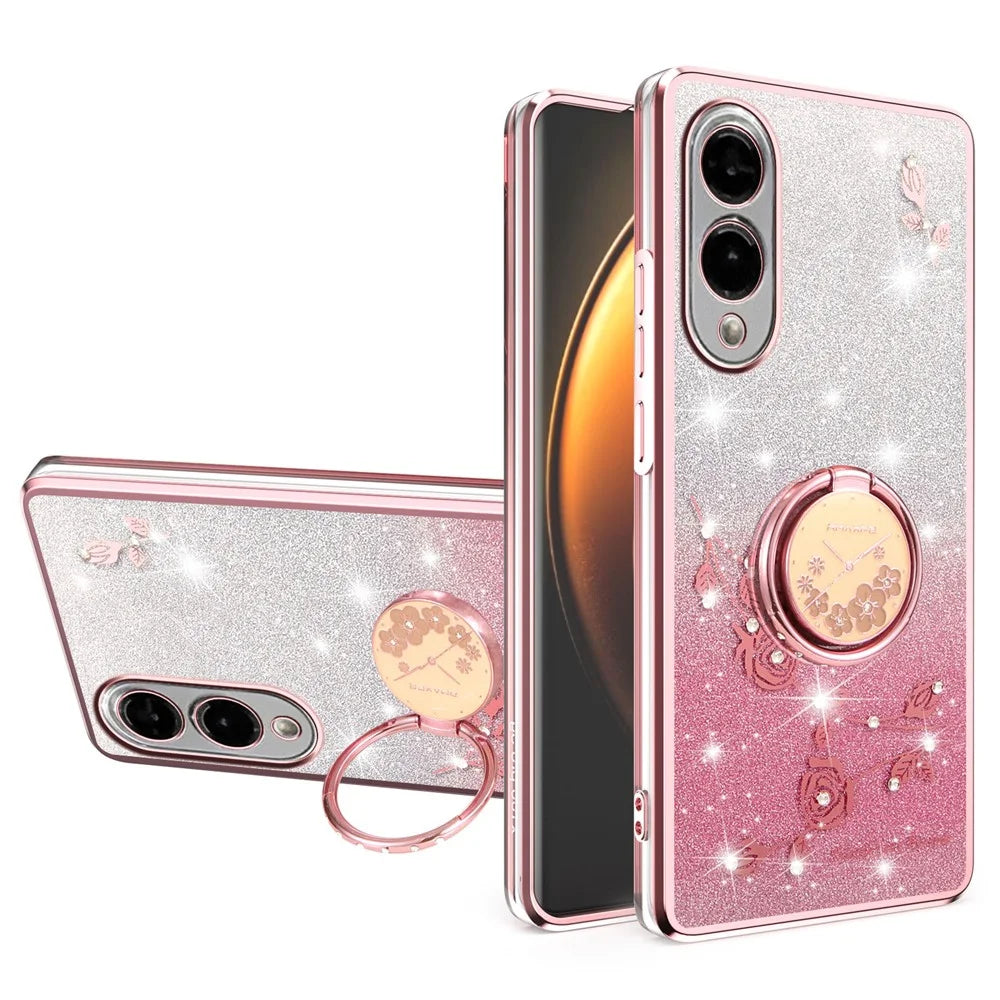 KADEM For Samsung Galaxy S25 Edge Case Ring Kickstand TPU Flowers Phone Cover Gradient Glitter - Pink - 1