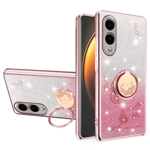 KADEM For Samsung Galaxy S25 Edge Case Ring Kickstand TPU Flowers Phone Cover Gradient Glitter - Pink - 1