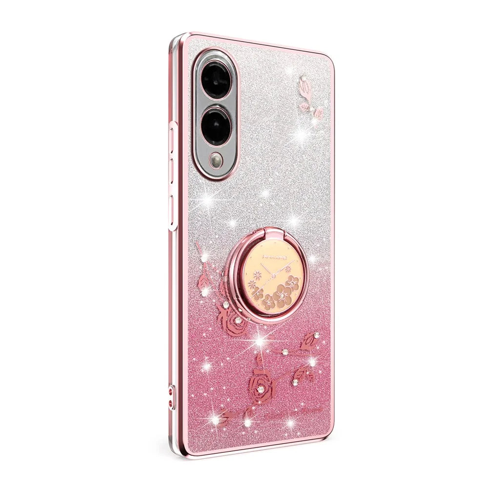 KADEM For Samsung Galaxy S25 Edge Case Ring Kickstand TPU Flowers Phone Cover Gradient Glitter - Pink - 2