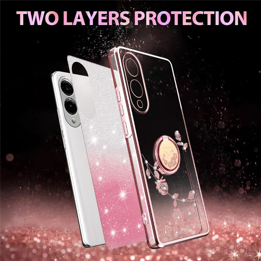 KADEM For Samsung Galaxy S25 Edge Case Ring Kickstand TPU Flowers Phone Cover Gradient Glitter - Pink - 3